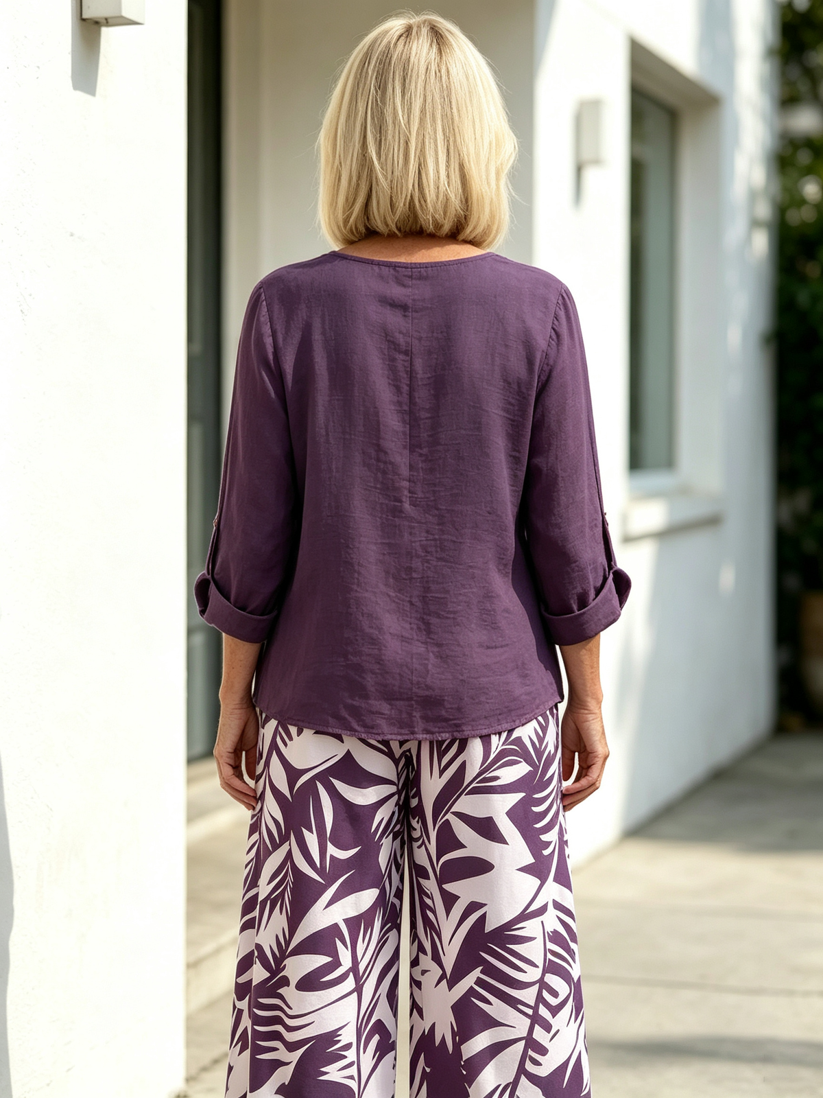 Plant-printed V-neck Vest Straight-leg Pants, Casual and Comfortable Suit