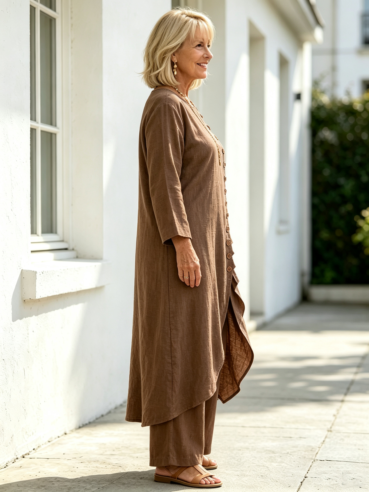 Casual Linen Long Irregular Single-breasted Top and Trousers Two-piece Set