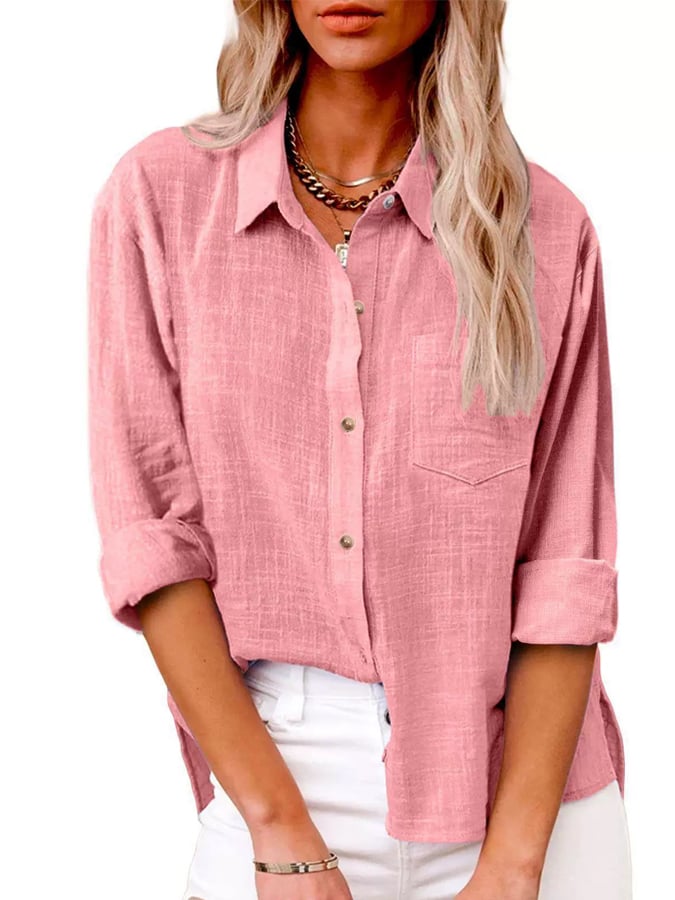 Women's Casual Solid Color Pocket Slit Cotton and Linen Long Sleeve Shirt
