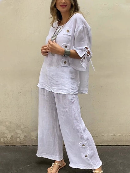 Women's Casual Solid Color Round Neck Button Drawstring Cotton Top Pants Two-Piece Set