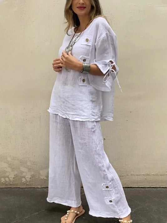 Women's Casual Solid Color Round Neck Button Drawstring Cotton Top Pants Two-Piece Set