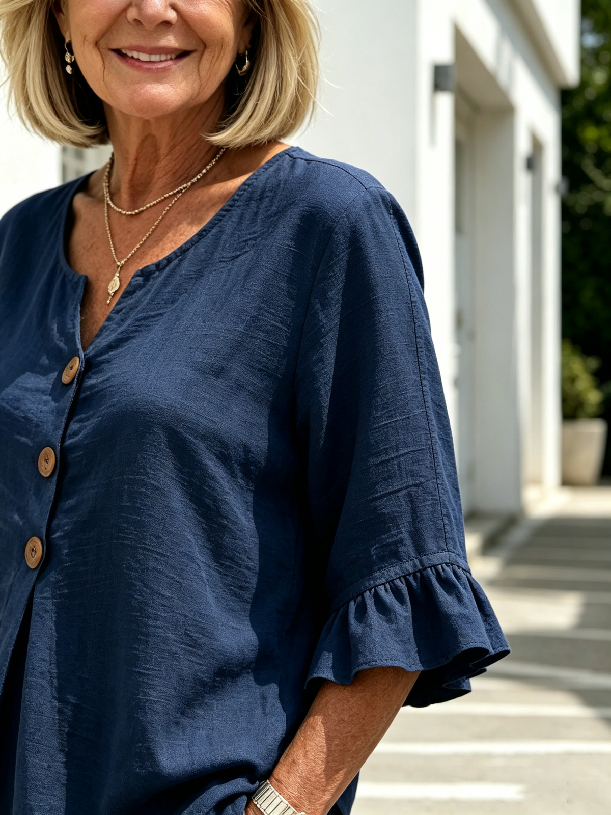 Women Solid Color Casual Shorts Two-Piece Pants Set, Woven Textured Faux Linen Matching Outfit, V-Neck Single Row Wooden Button Blouse With Ruffle Flared 5/7 Length Flutter Sleeves, Loose Relaxed Fit Elastic Waist Knee-Length Bermuda Three Point Shorts Wi