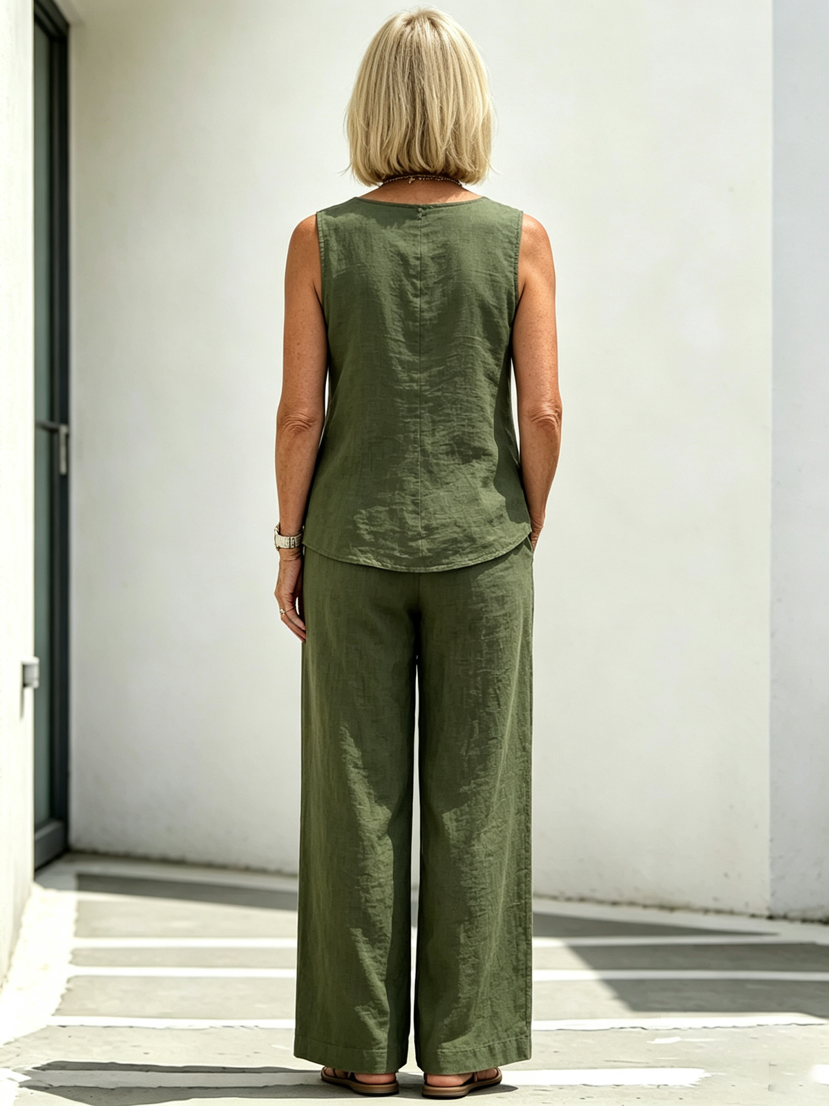 2Pcs Cotton and Linen V-neck Button Sleeveless Vest Top Set Two-piece Set