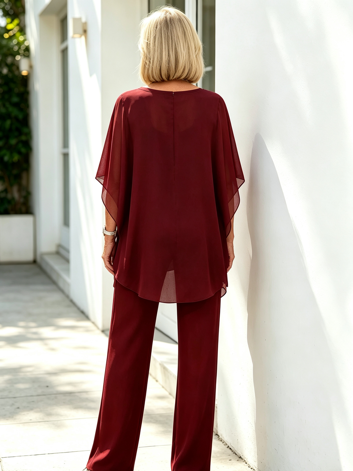 2Pcs Chiffon Bat Half-sleeve Temperament Elegant Women's Casual V-neck Two-piece Set