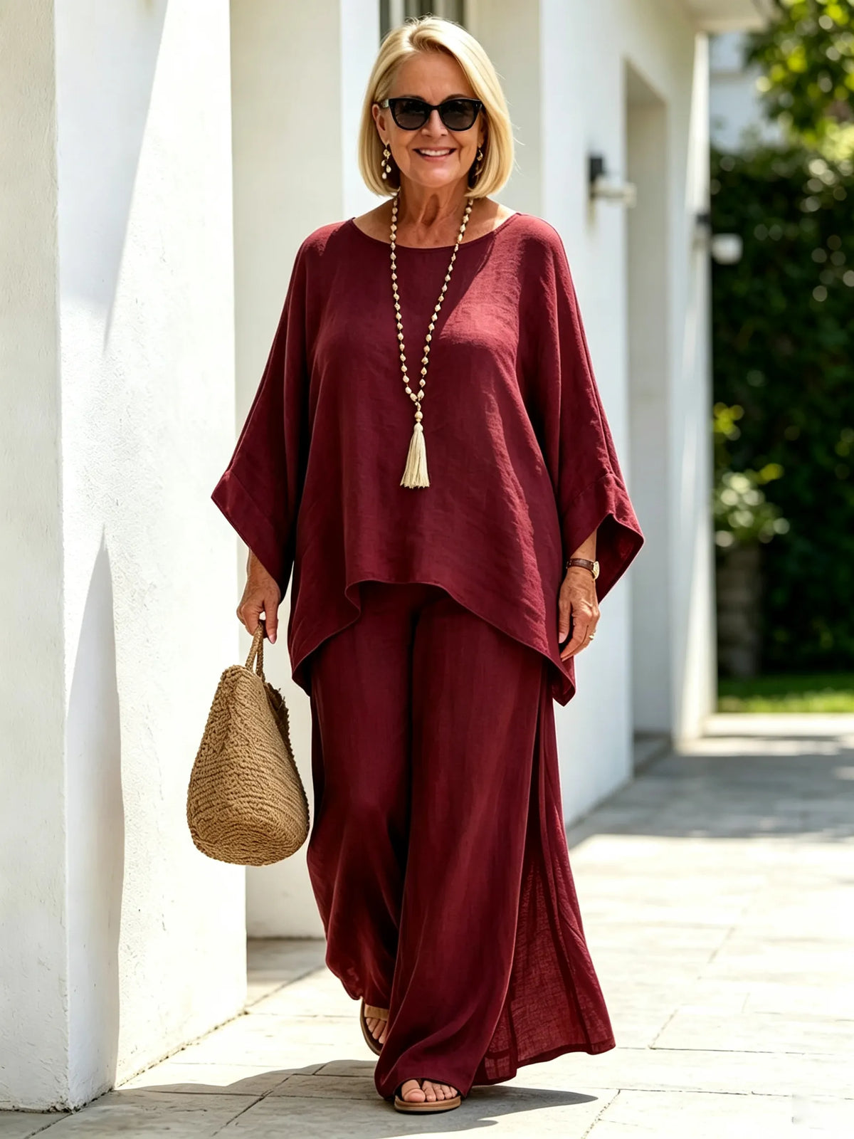 2Pcs Elegant Women Solid Linen‐Blend Two‐Piece Set, Oversized Batwing Sleeve Uneven Hem Tunic Blouse, Breathable Flowy Wide Leg Floor‐Length Pants, Loose Comfortable Casual Co‐ord Suit for Beach Holiday Daily Street Wear