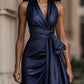 Midnight Elegance Satin Halter Ruffle Gown