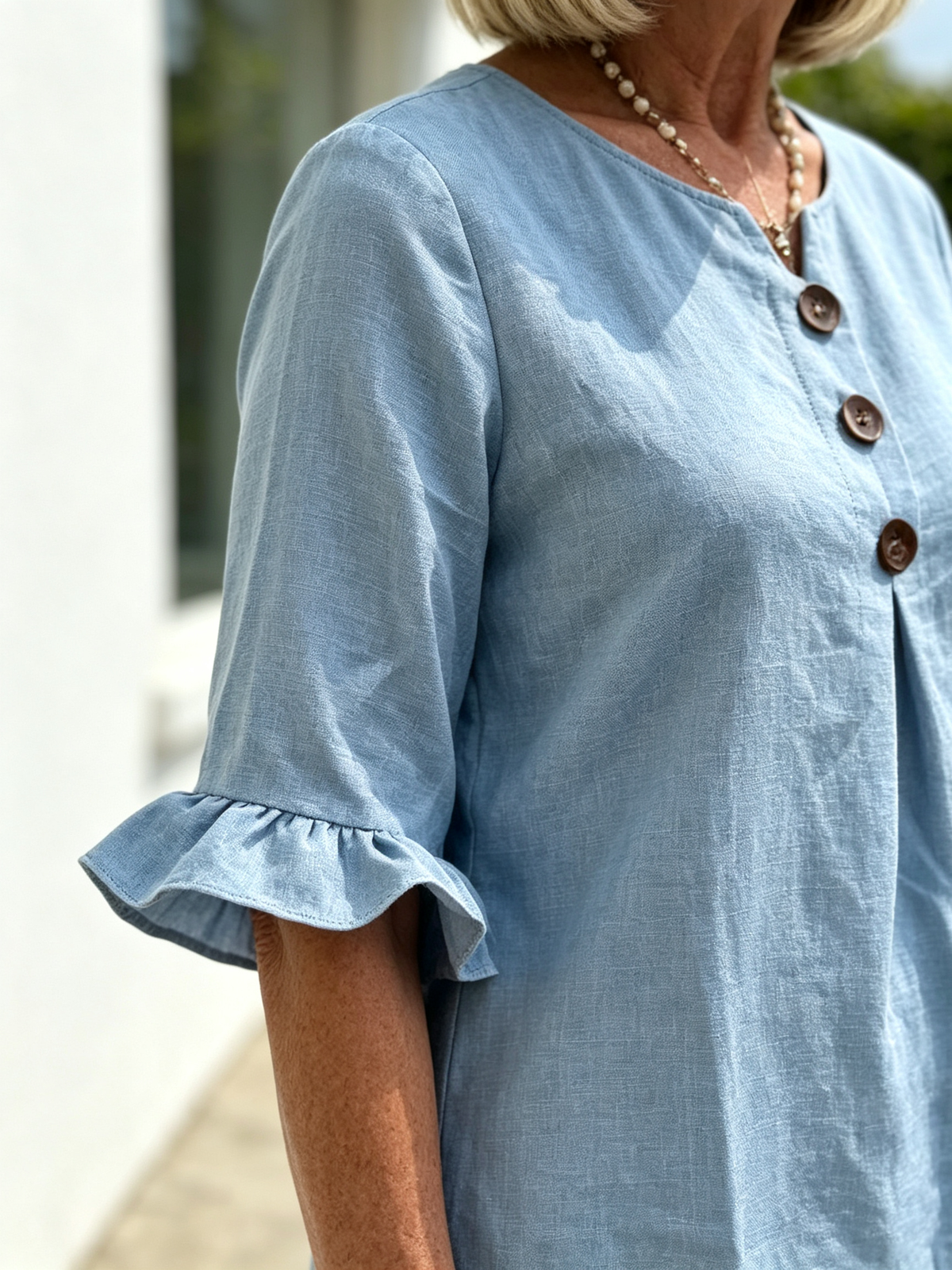2Pcs Casual Matching Top and Skirt Set, V Neck Button Placket Blouse, Ruffle Edge Seven-quarter Sleeve, Solid Lightweight Linen-like Fabric, Loose A-line Midi Skirt, Relaxed Fit Co-Ord Outfit for Daily Wear and Vacation