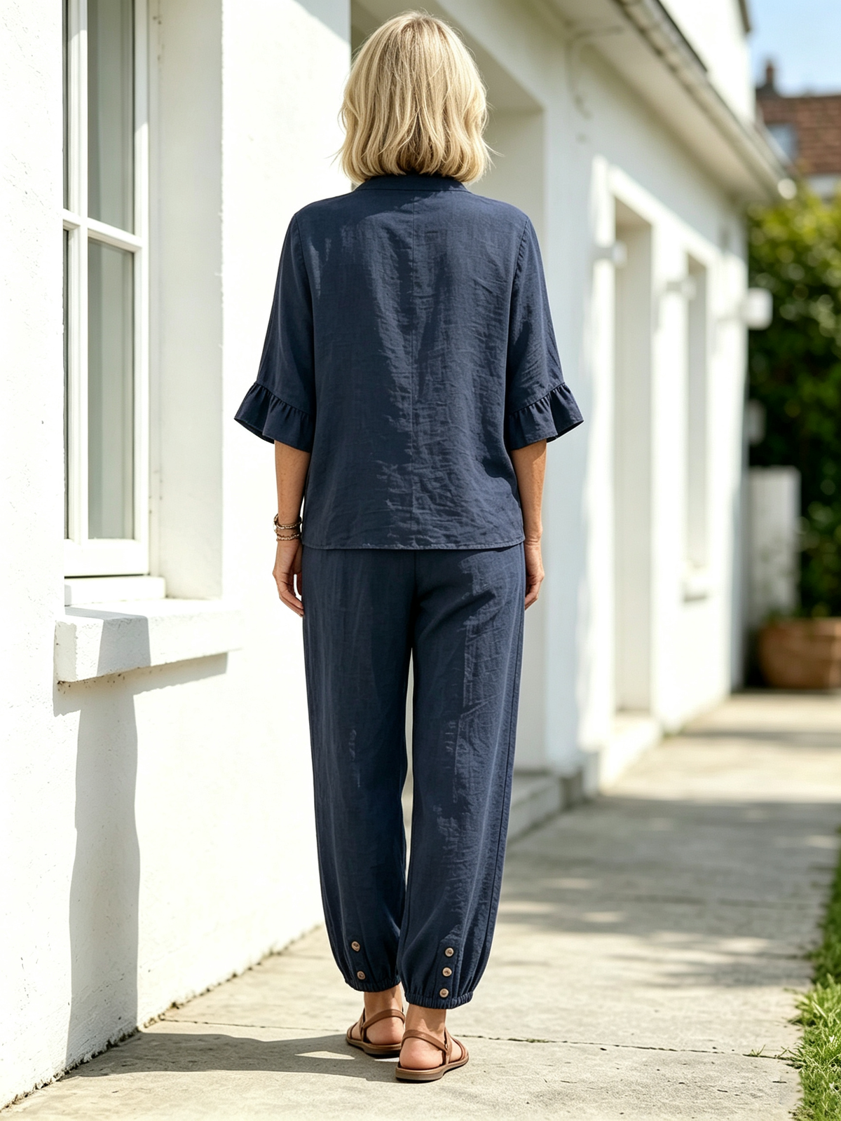 2Pcs Casual Matching Outfit Set, Mandarin Collar Half Button Top, Ruffle Edge Seven-quarter Sleeve Blouse, Solid Lightweight Textured Fabric, Elastic Waist Nine-quarter Jogger Pants with Button Hem Detail, Relaxed Loose Fit Co-Ord Suit for Daily L