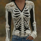 Women's Halloween Skeleton Bones With Roses Art Casual Long Sleeve V Neck T-shirt