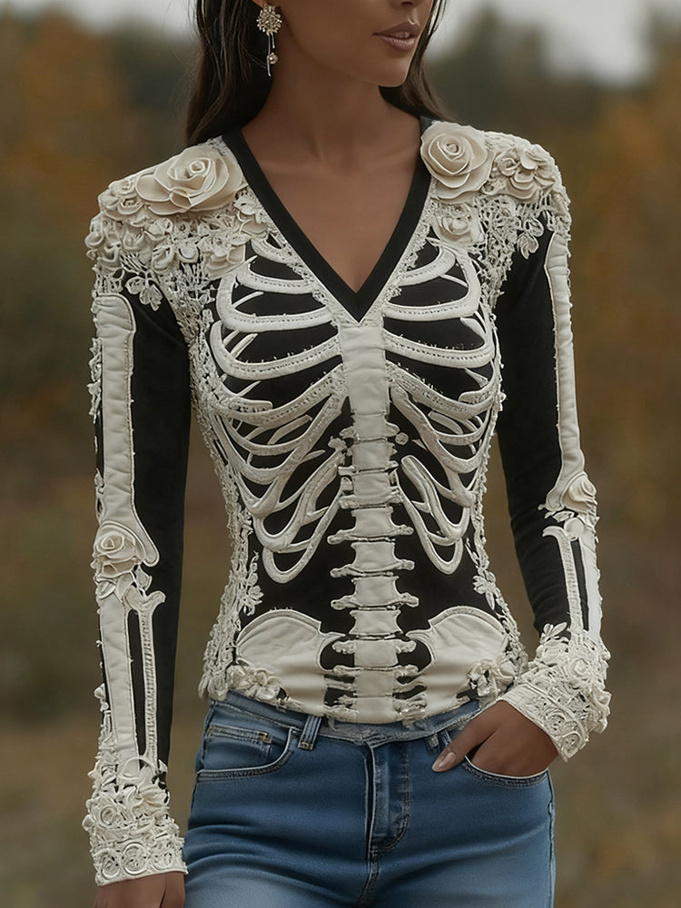 Women's Halloween Skeleton Bones With Roses Art Casual Long Sleeve V Neck T-shirt