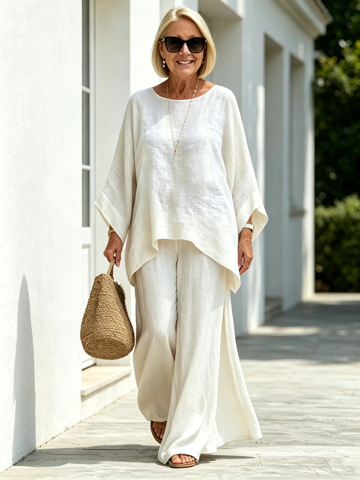 2Pcs Elegant Women Solid Linen‐Blend Two‐Piece Set, Oversized Batwing Sleeve Uneven Hem Tunic Blouse, Breathable Flowy Wide Leg Floor‐Length Pants, Loose Comfortable Casual Co‐ord Suit for Beach Holiday Daily Street Wear