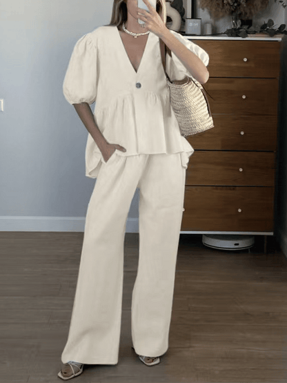 Women'S Solid Color Lantern Sleeve Shirt Wide Leg Pants Suit