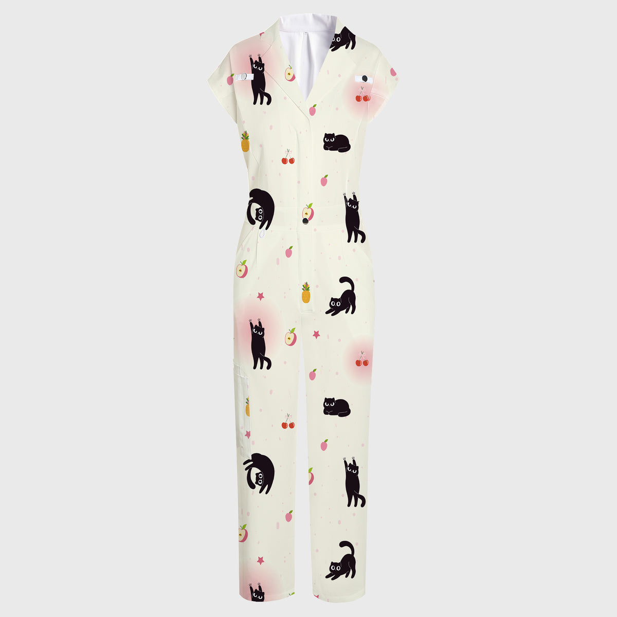 Women's Wide Leg Black Cats Print Scrub Jumpsuit