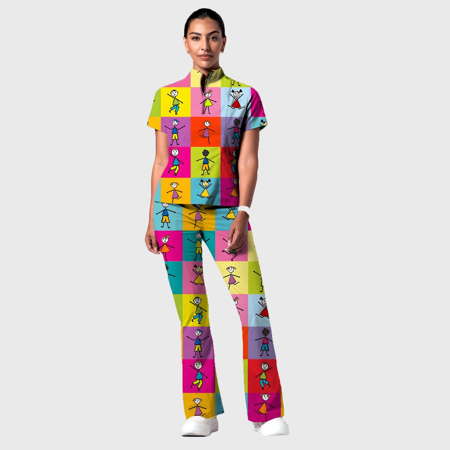 Women's Stand-Up Tie Zipper Cartoon Printed Scrub Set ST91011