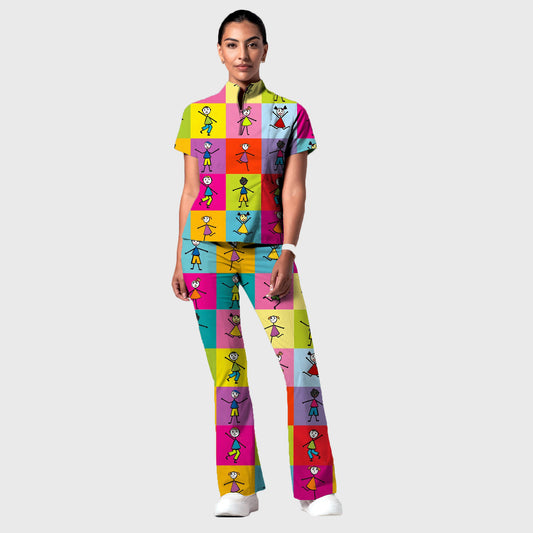 Women's Stand-Up Tie Zipper Cartoon Printed Scrub Set ST91011