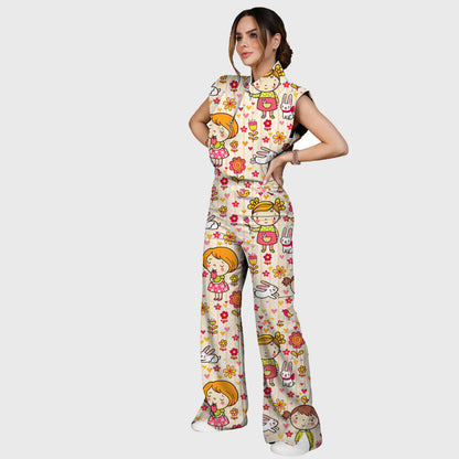 Women's Cartoon Girls Printed Scrub Set SP26