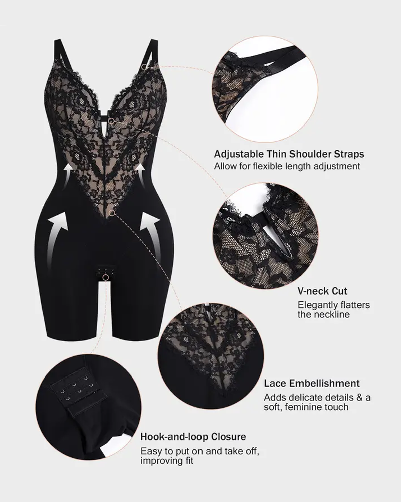 T-Back Open Back Bodysuit With Lace V-Neck Detail