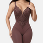 T-Back Open Back Bodysuit With Lace V-Neck Detail
