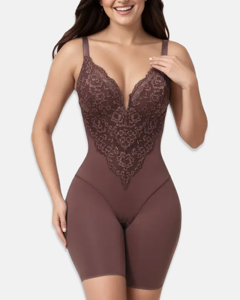 T-Back Open Back Bodysuit With Lace V-Neck Detail