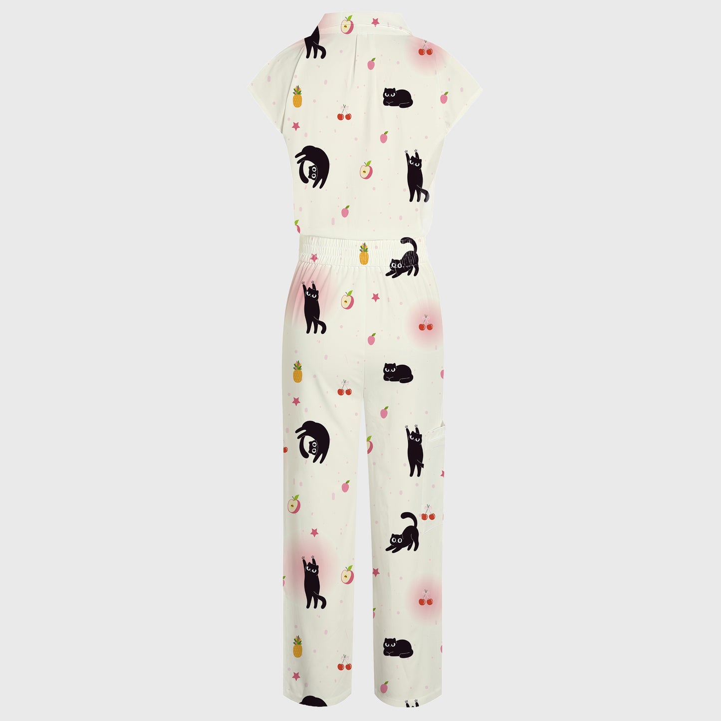 Women's Wide Leg Black Cats Print Scrub Jumpsuit