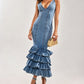 Washed Denim Overalls Deep V-Neck Multi Layered Ruffle Maxi Dress