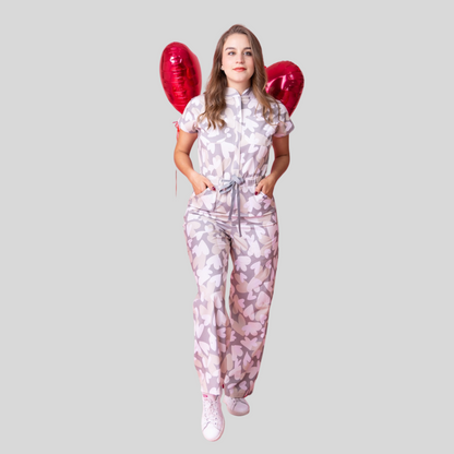Women's Heart Print Flare Leg Scrub Jumpsuit