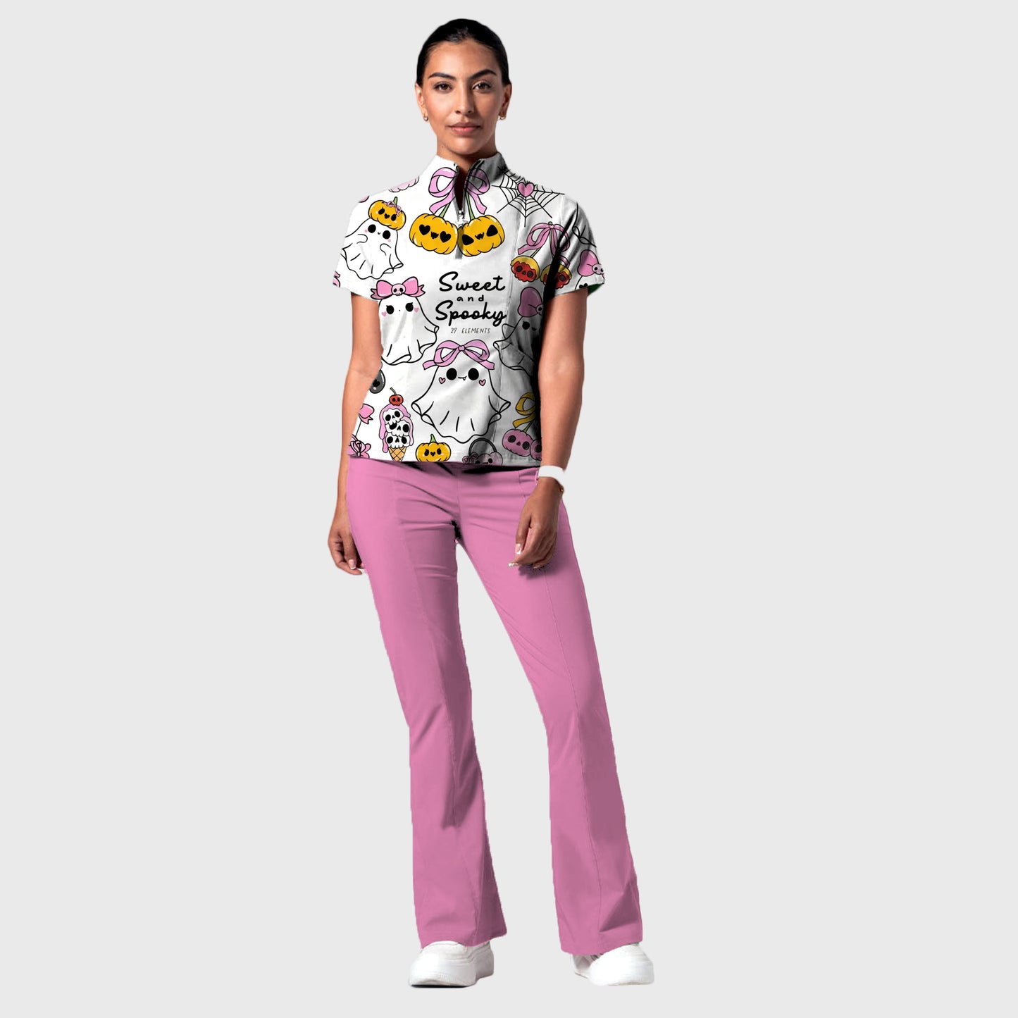 Women's Stand-Up Tie Zipper Halloween Printed Scrub Set ST9124
