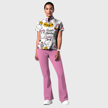 Women's Stand-Up Tie Zipper Halloween Printed Scrub Set ST9124