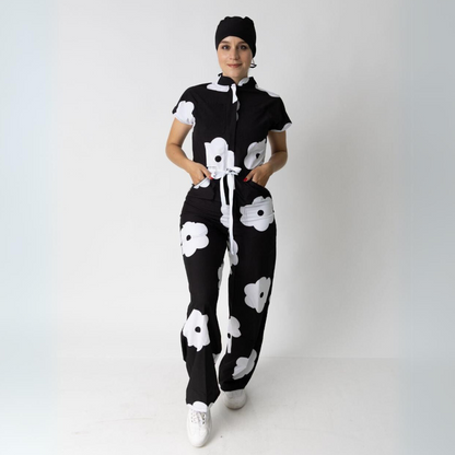 Women's Floral Printed Wide Leg Scrub Jumpsuit Jog007