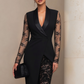 Sophisticated Black Blazer-Style Lace Midi Dress