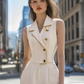 White Sleeveless Blazer Romper With Gold Trim