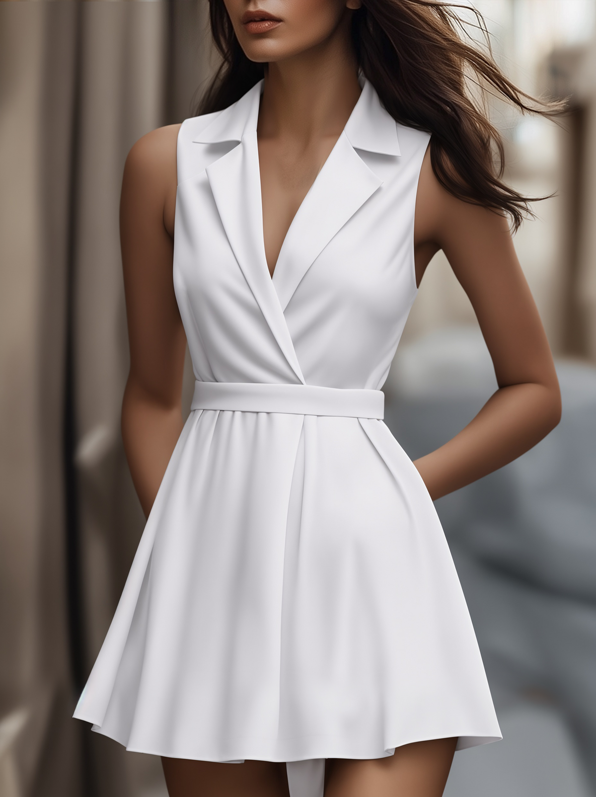 White Pleated Mini Shirt Dress