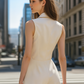 White Sleeveless Blazer Romper With Gold Trim