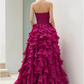 Strapless Magenta Ruffled Ball Gown
