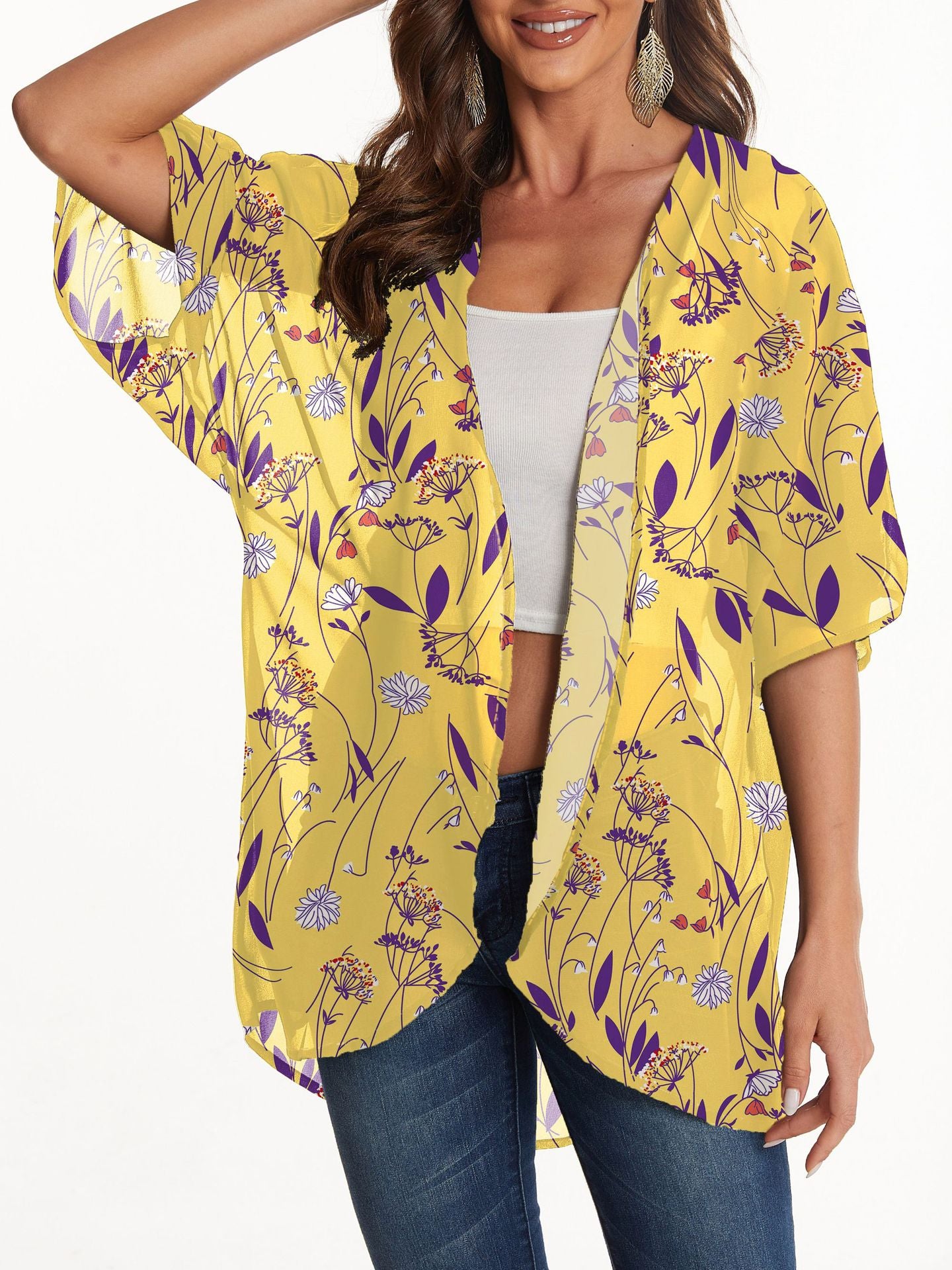 Women's Lightweight Chiffon Kimono Cardigan – Printed Sun Protection Cover-Up for Mature Style