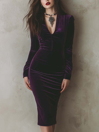 Elegant purple velvet slim-fit long-sleeved midi dress