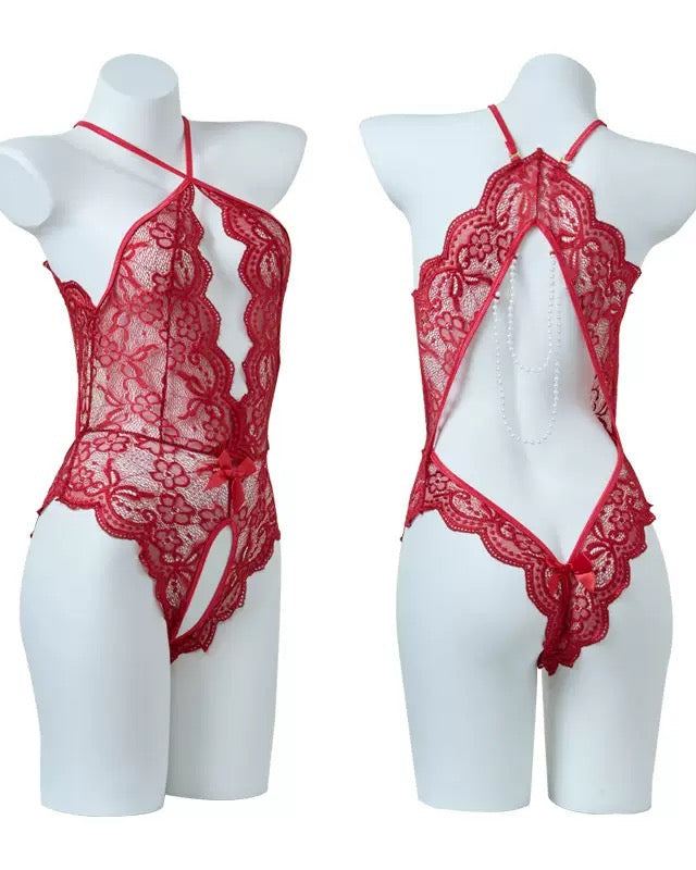Sexy Lace Open Crotch Tights Pearl Backless Pajamas With Heart Decoration Leg Socks
