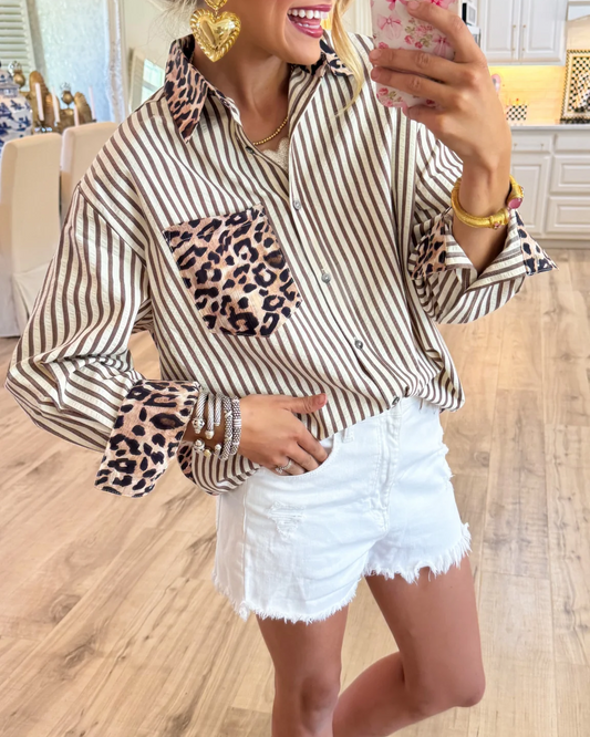 Brown Leopard Print Stripe Long Sleeve Top