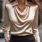 Elegant White Satin Blouse with Draped Neckline