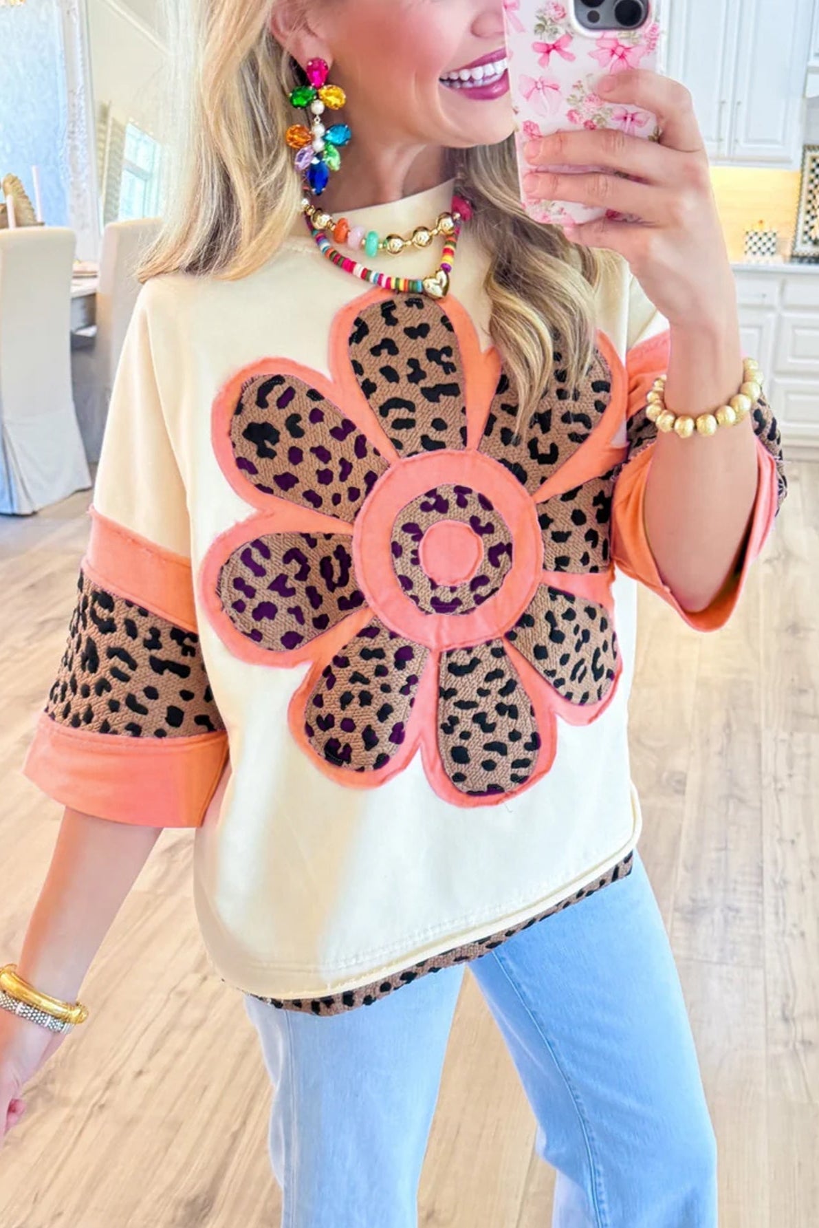 Ivory and Pink Leopard Flower Top