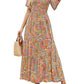 Women's Casual Floral Print Short Flutter Sleeve Smocked High Waist Flowy Maxi Dress