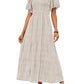 Women's Casual Floral Print Short Flutter Sleeve Smocked High Waist Flowy Maxi Dress