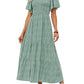 Women's Casual Floral Print Short Flutter Sleeve Smocked High Waist Flowy Maxi Dress
