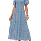 Women's Casual Floral Print Short Flutter Sleeve Smocked High Waist Flowy Maxi Dress