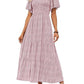 Women's Casual Floral Print Short Flutter Sleeve Smocked High Waist Flowy Maxi Dress