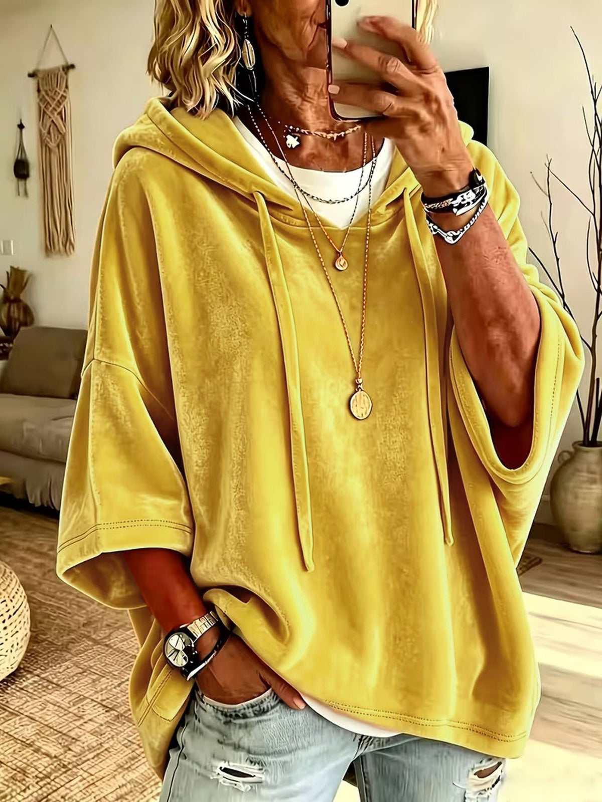 Women’s 3/4 Sleeves Minimalist Velour Hoodie Top