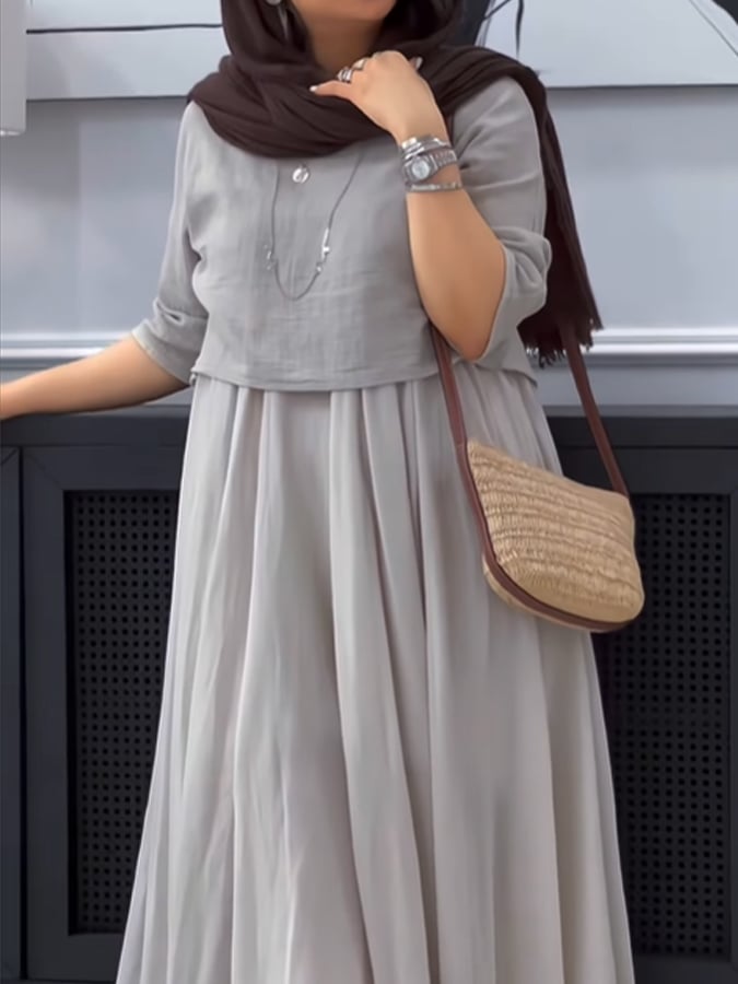 Women's Casual Solid Color Round Neck Three-quarter Sleeve Spliced Cotton and Linen Dress