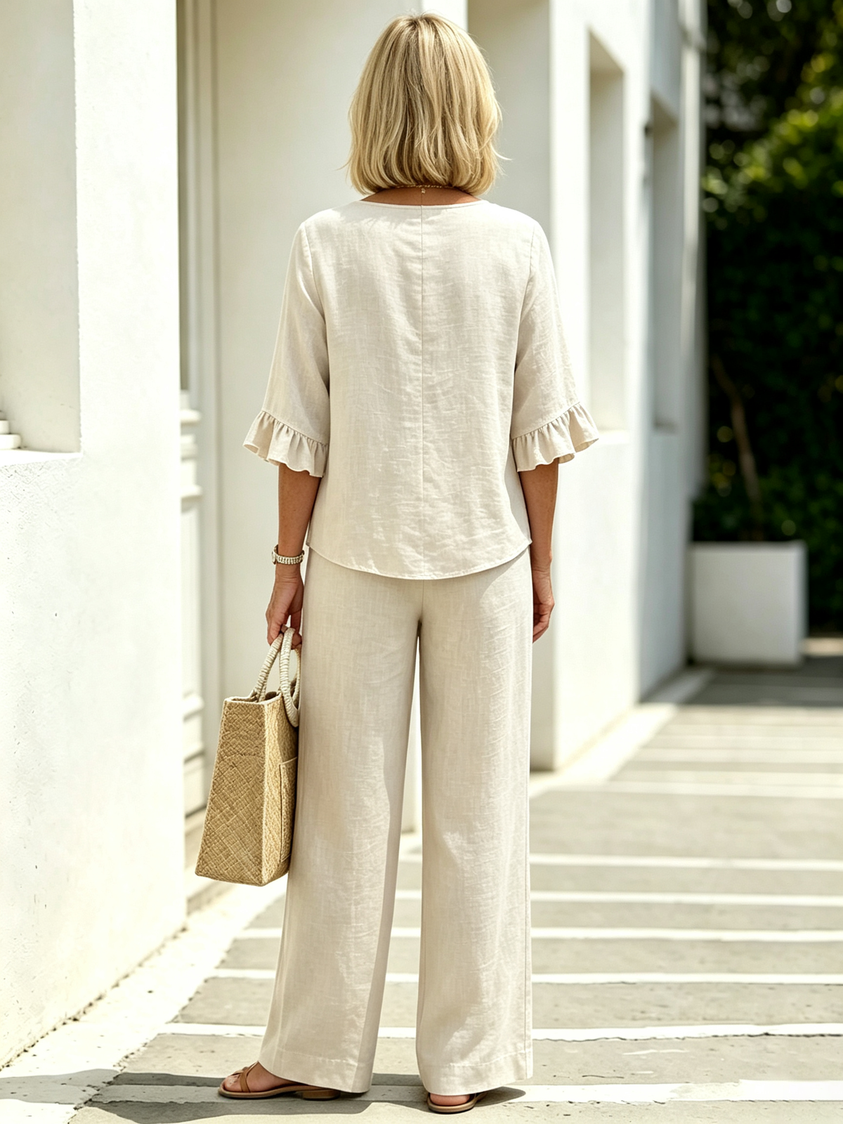 Women's Casual Button V-Neck Ruffle Women Summer Linen Two-Piece Outfit Set, V-Neck Wooden Button Front Ruffle 3/4 Sleeve Loose Casual Top & Matching Wide Leg Long Pants, Lightweight Breathable Textured Fabric High-End Seven-Sleeve Linen Top Two-piece Set