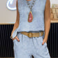 Women's Casual Striped Printed Round Neck Vest Trousers Cotton and Linen Two-piece Set