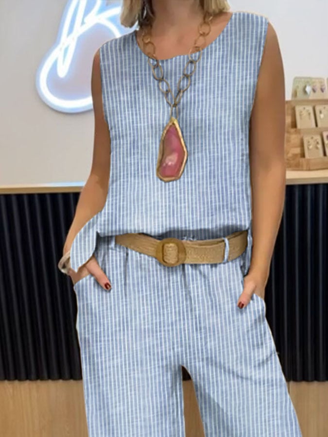 Women's Casual Striped Printed Round Neck Vest Trousers Cotton and Linen Two-piece Set